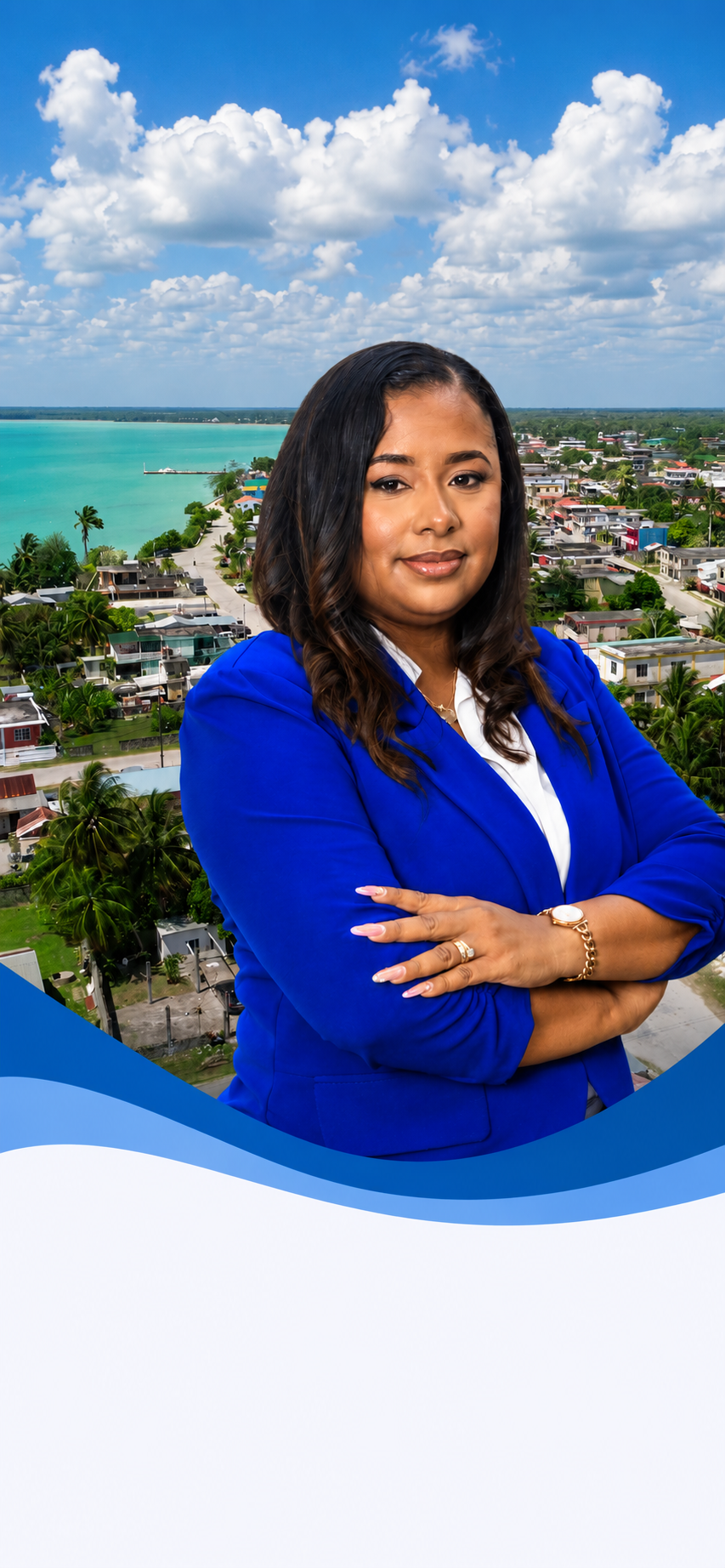 Shajarie Rogers for Mayor of Corozal Town with Corozal Bay aerial view
